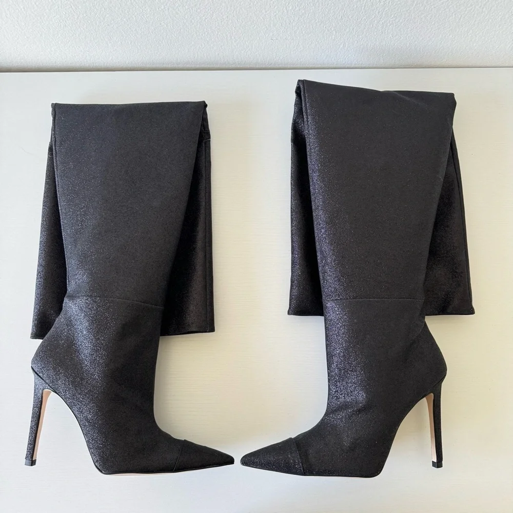 New! Good American Glitter Elegant Black Over-the-Knee Boots, Size 7,5